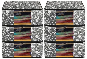 Heart Home Flower Design Non-woven Sarees, Clothes Cover/Organizer With Transparent Window- Pack of 6 (Grey & Cream)-44HH0356