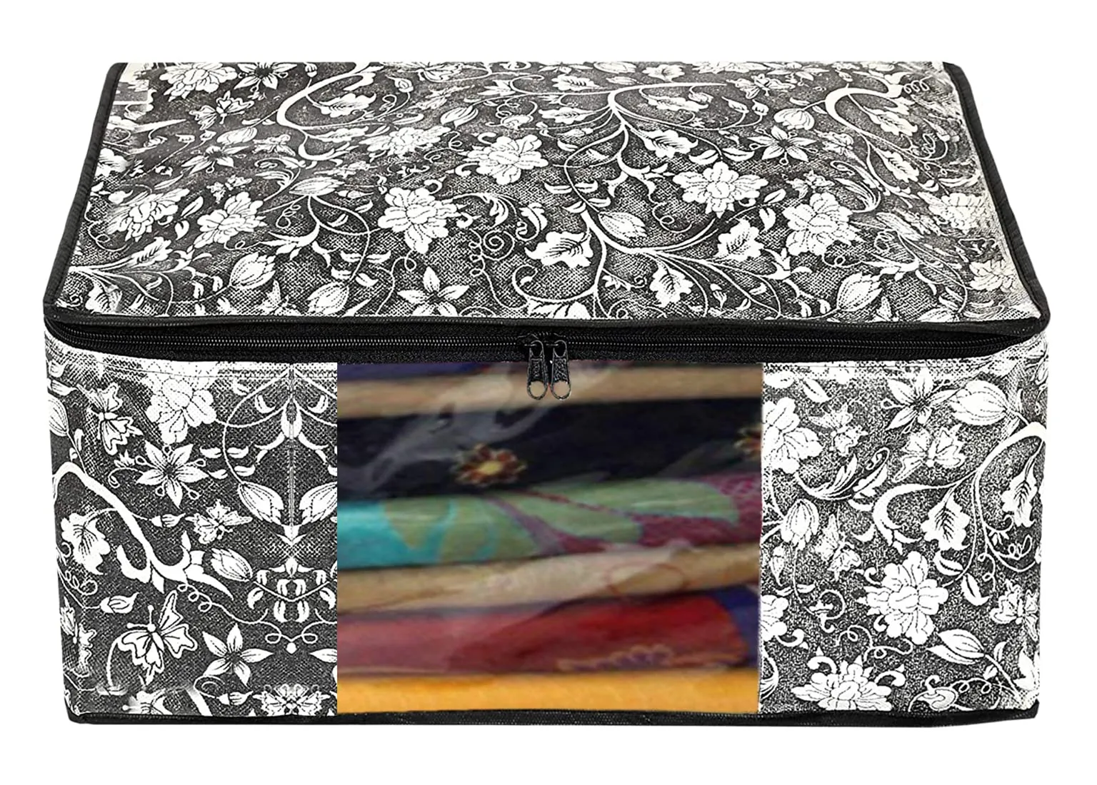 Heart Home Flower Design Non-woven Sarees, Clothes Cover/Organizer With Transparent Window- Pack of 6 (Grey & Cream)-44HH0356