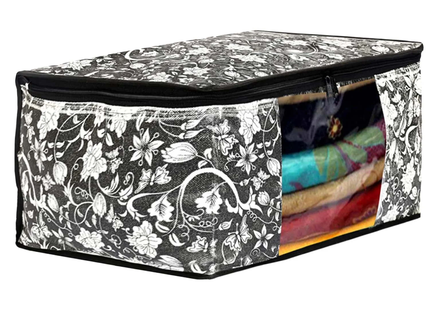 Heart Home Flower Design Non-woven Sarees, Clothes Cover/Organizer With Transparent Window- Pack of 6 (Grey & Cream)-44HH0356