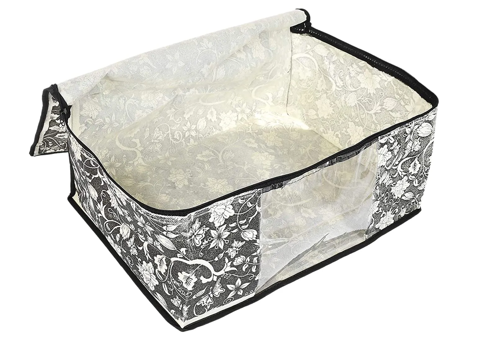 Heart Home Flower Design Non-woven Sarees, Clothes Cover/Organizer With Transparent Window- Pack of 6 (Grey & Cream)-44HH0356
