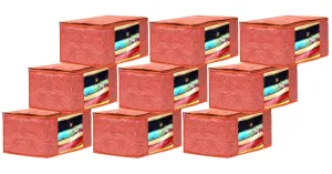 Heart Home Lahariya Design Non-woven Foldable Saree Cover/Clothes Storage Bag/Wardrobe Organizer With Transparent Window- Pack of 9 (Orange)-44HH0381