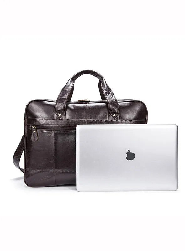 High Capacity 14 Inch Laptop Bag Coffee Soft Genuine Leather Briefcase Mens Business Bags 8911