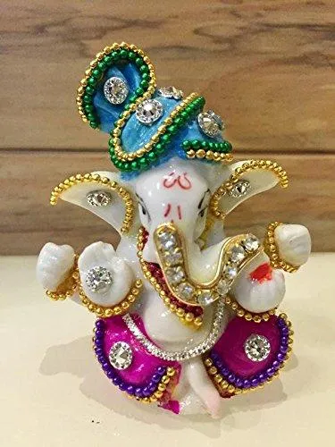 Karigaari White Stone God Ganesha Statue for Car Dashboard and Home Decor, 3x2x3 Inches(Multicolour)
