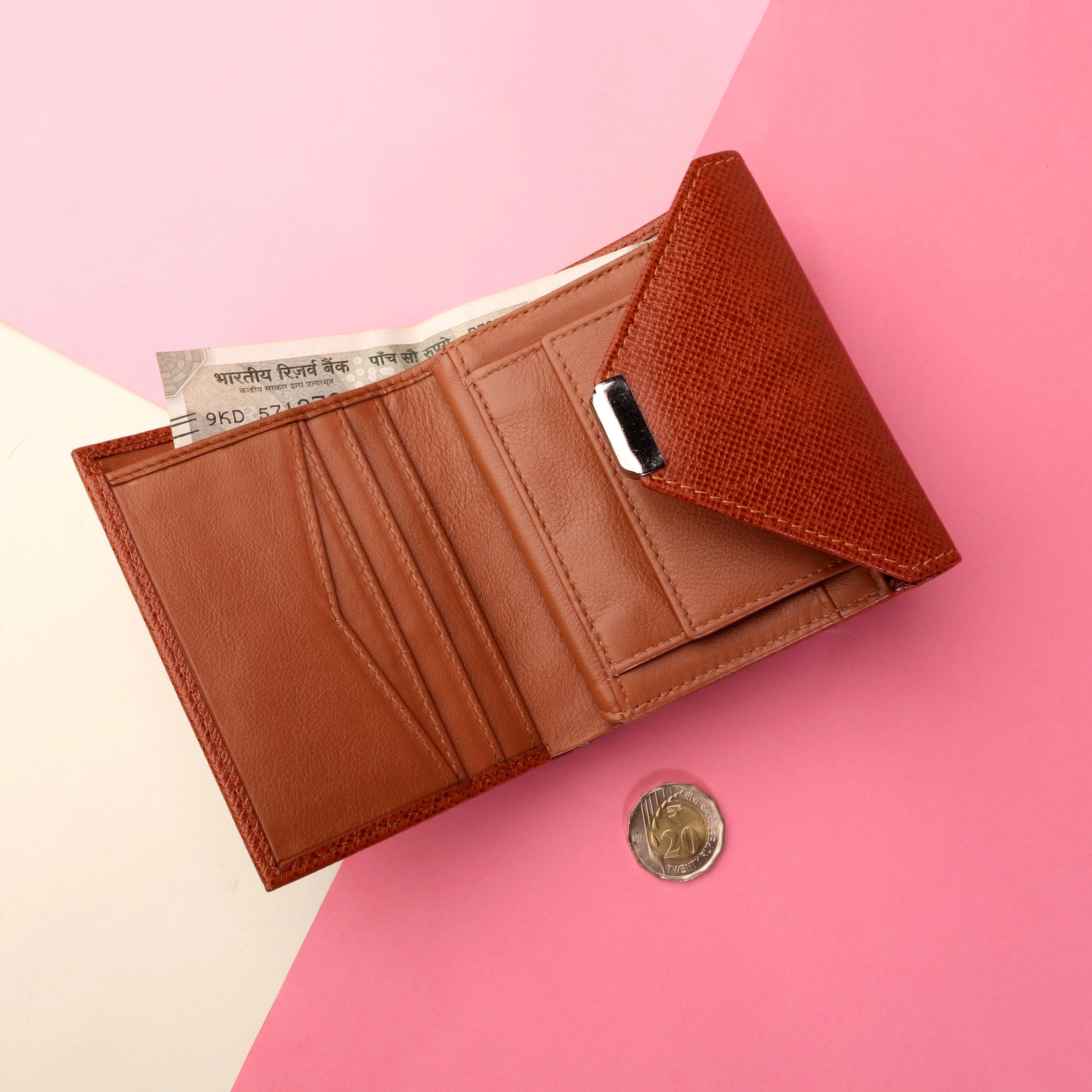 Keva Ladies Wallet | Saffiano Leather Wallet for Women | 100% Genuine Leather | Color: Cognac, Orange, Pink & Blue