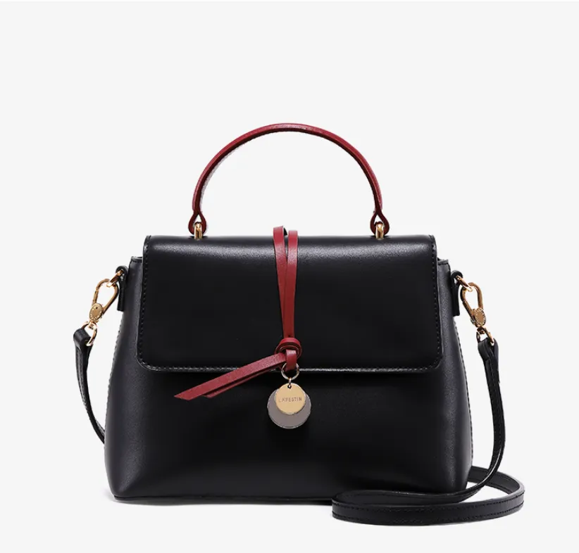 LAFESTIN LEATHER SHOULDER BAG WITH RED BELT EMBELLISHED 619551