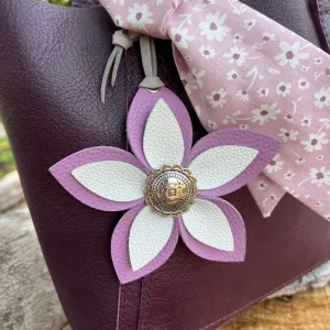 Leather Flower Bag Charm - Large Flower with Loop - Lilac and White