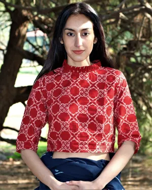 Maroon Blockprinted Cotton Crop Top Blouse With Frills