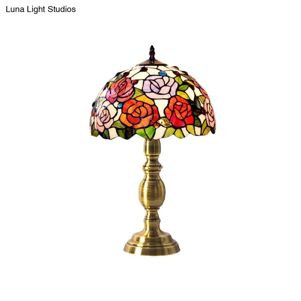 Martine - Victorian Cut Glass Brushed Brass Table Lighting Bowl Shaped 1 Head Victorian Rose Patterned Night Lamp
