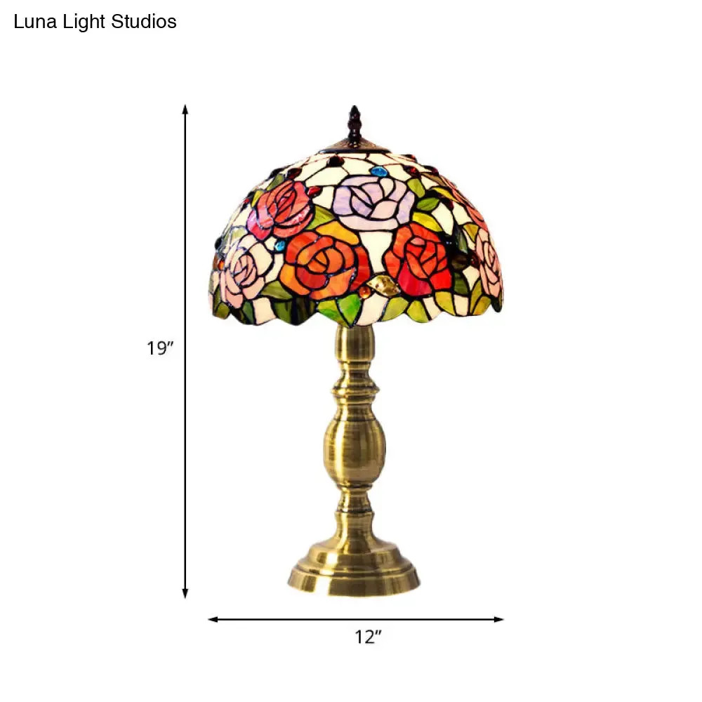Martine - Victorian Cut Glass Brushed Brass Table Lighting Bowl Shaped 1 Head Victorian Rose Patterned Night Lamp