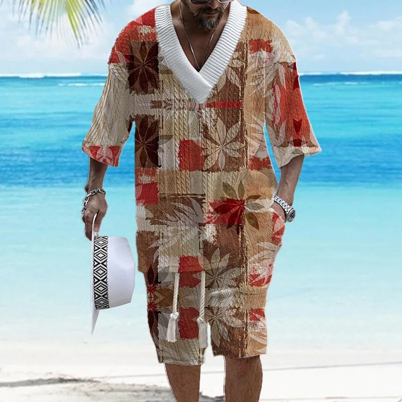 Men's Printed Short Sleeve Shorts Textured Set 99892341YY
