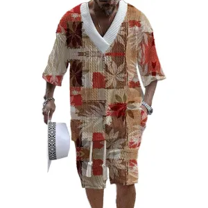 Men's Printed Short Sleeve Shorts Textured Set 99892341YY