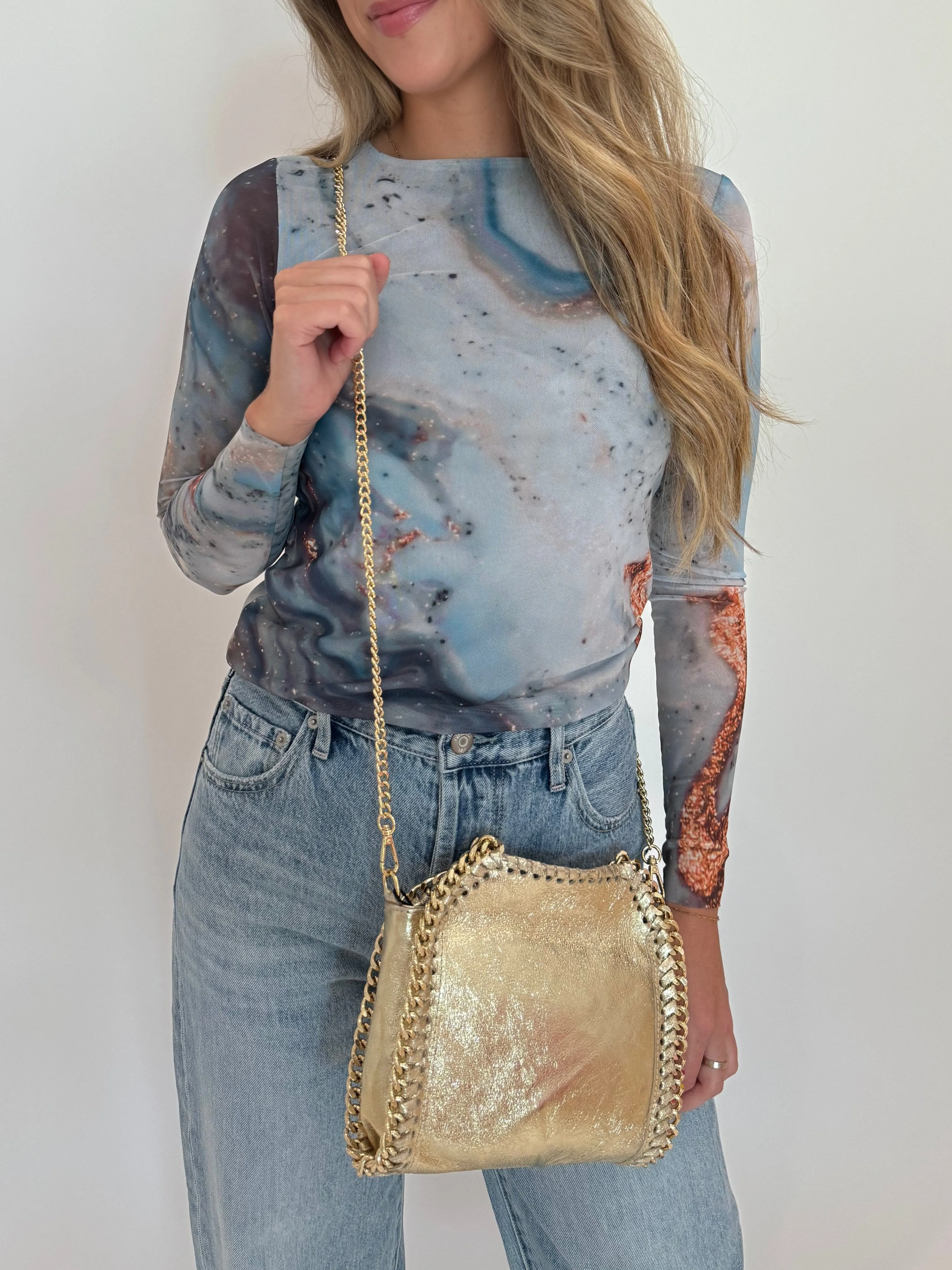 Metallic Luxe Chain Leather Bag - Gold