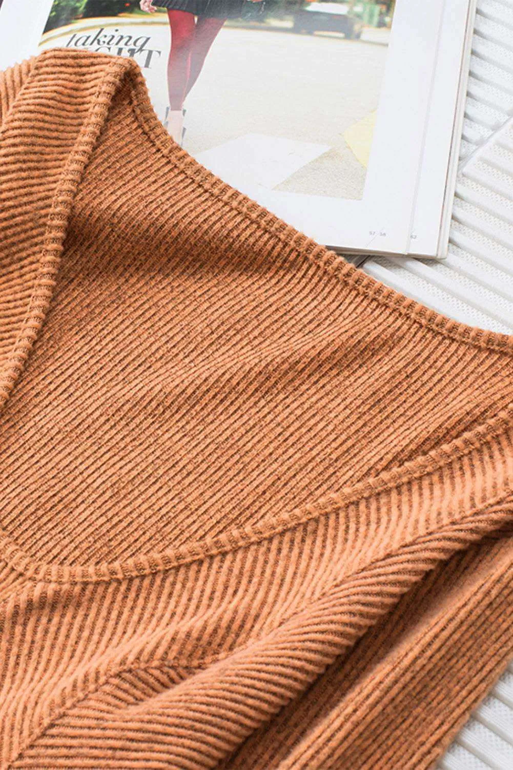 Neck Textured Top - Deep U Neck Stylish Long Sleeve Top