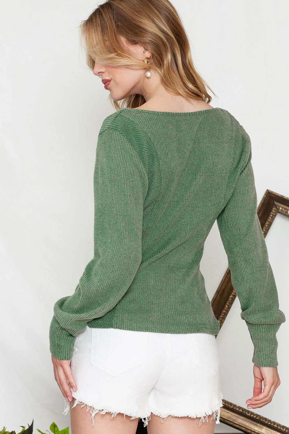 Neck Textured Top - Deep U Neck Stylish Long Sleeve Top