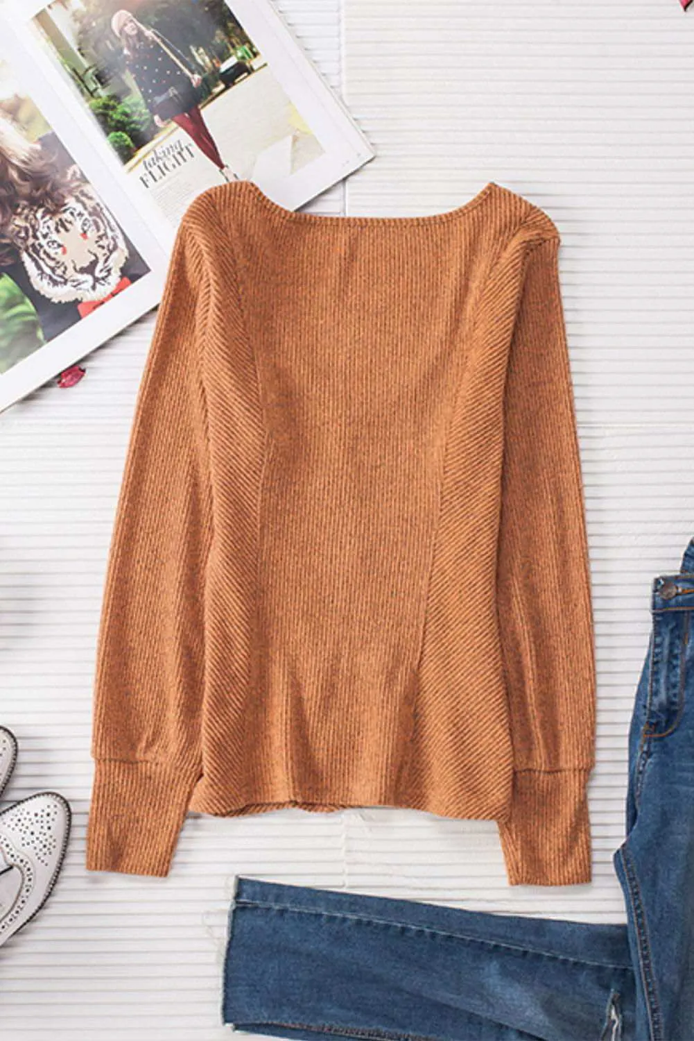 Neck Textured Top - Deep U Neck Stylish Long Sleeve Top