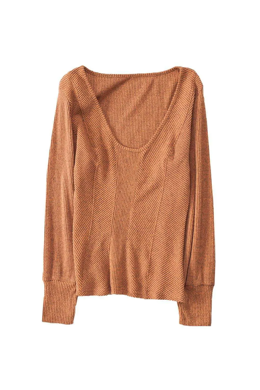 Neck Textured Top - Deep U Neck Stylish Long Sleeve Top