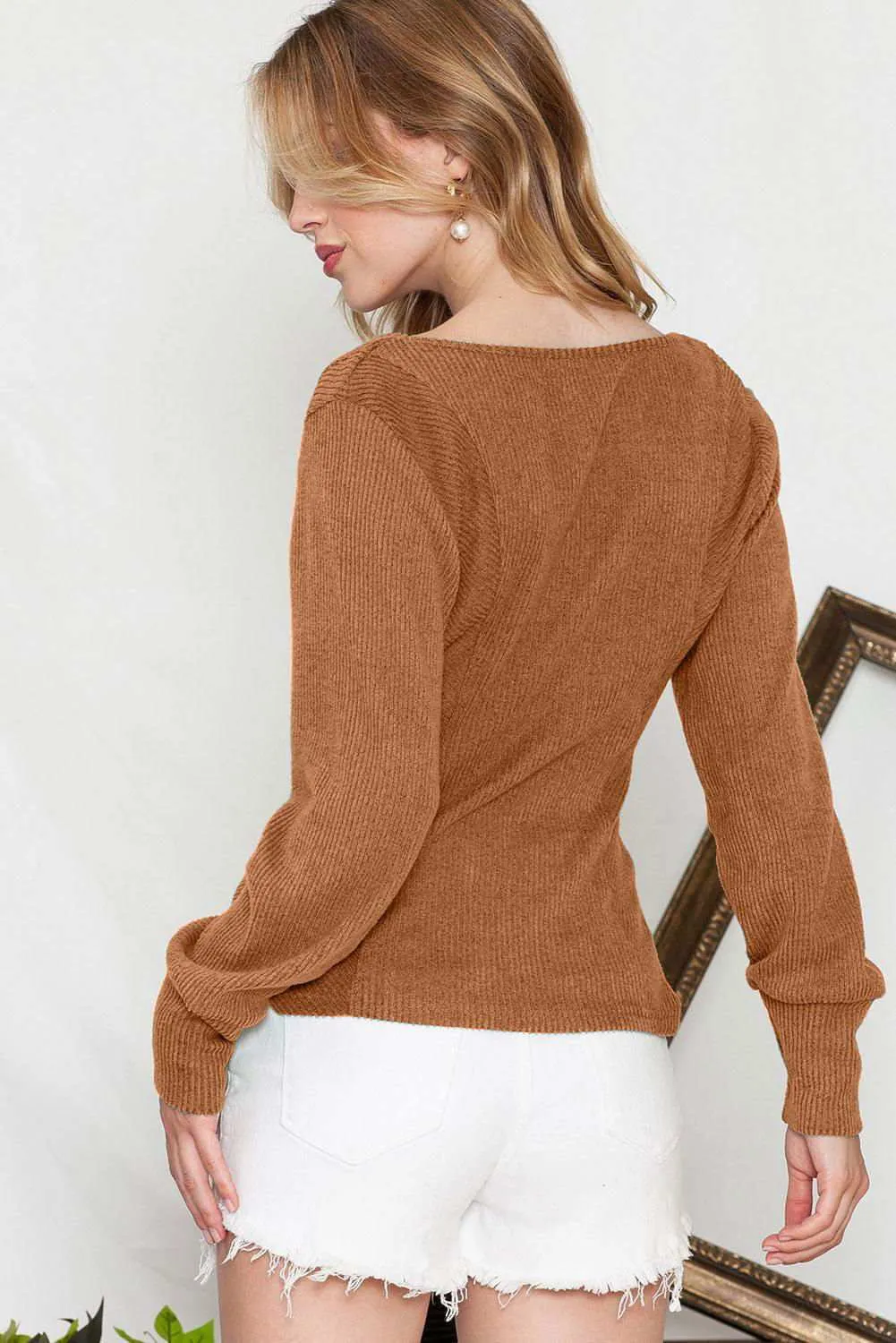 Neck Textured Top - Deep U Neck Stylish Long Sleeve Top