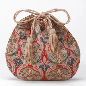 Nishijin-ori Small Drawstring Bag - Flower and Phoenix / Red -,  Made in Kyoto, Japan,  Japanese traditional craft purse
