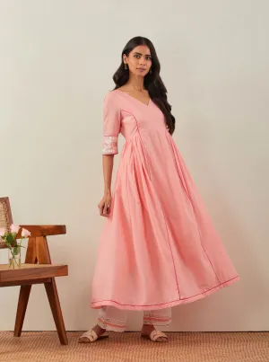 Peach Plain Markab Anarkali Kurta With Chikankari Border and Palazzo with lace detail (Set of 2)