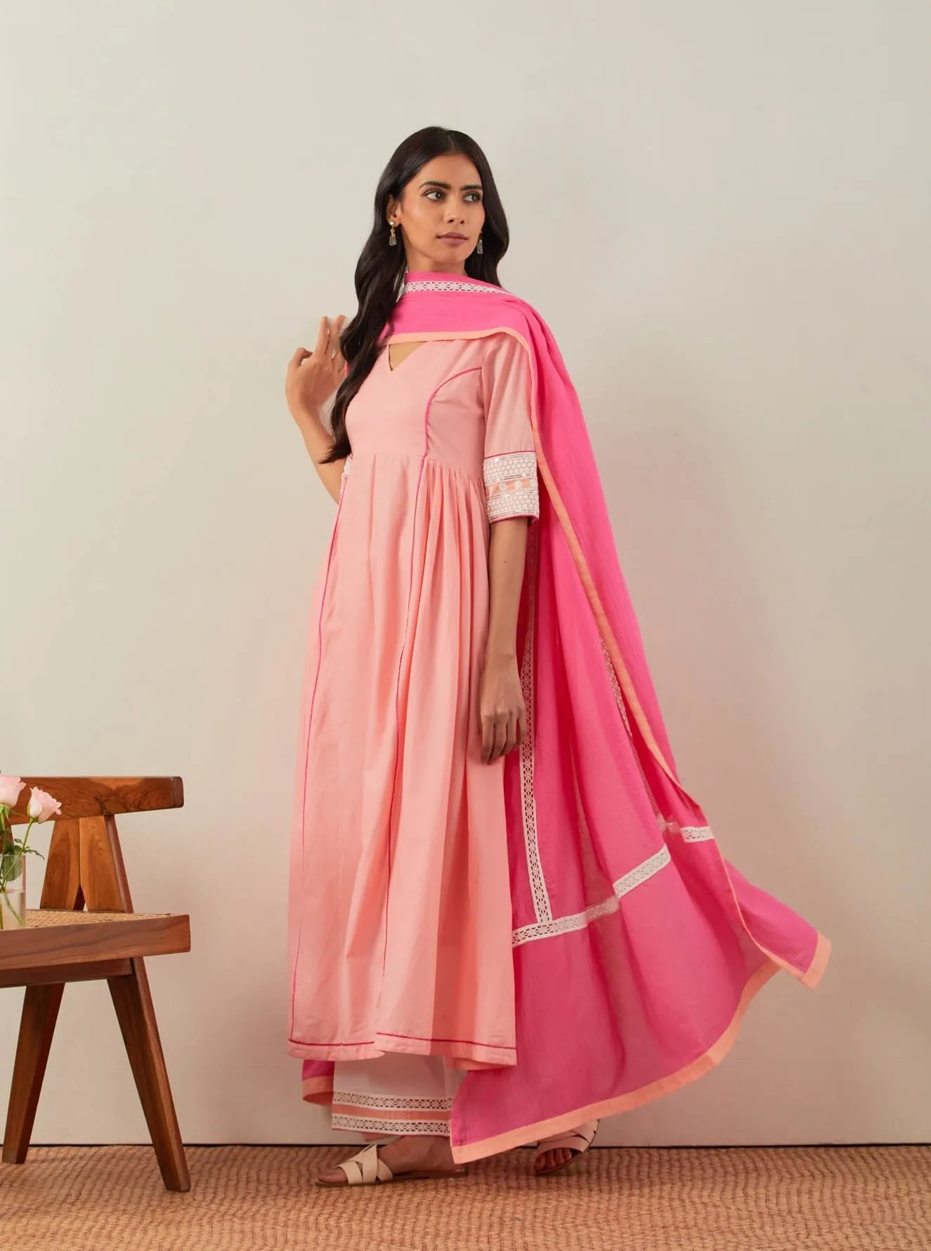 Peach Plain Markab Anarkali Kurta With Chikankari Border and Palazzo with lace detail (Set of 2)