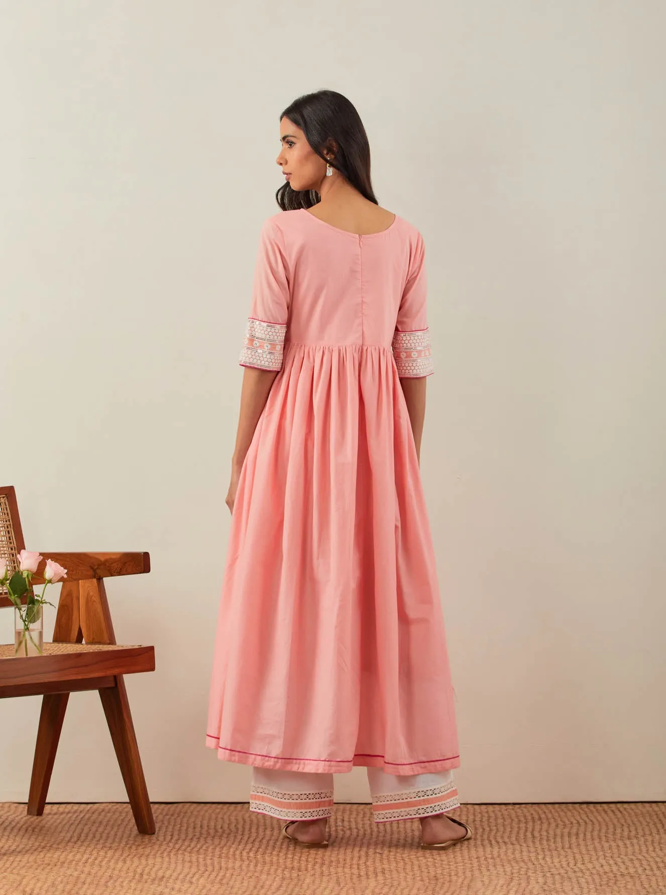 Peach Plain Markab Anarkali Kurta With Chikankari Border and Palazzo with lace detail (Set of 2)