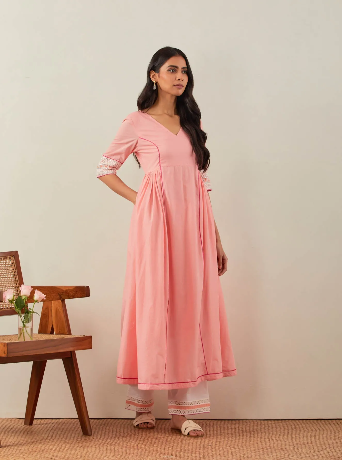 Peach Plain Markab Anarkali Kurta With Chikankari Border and Palazzo with lace detail (Set of 2)