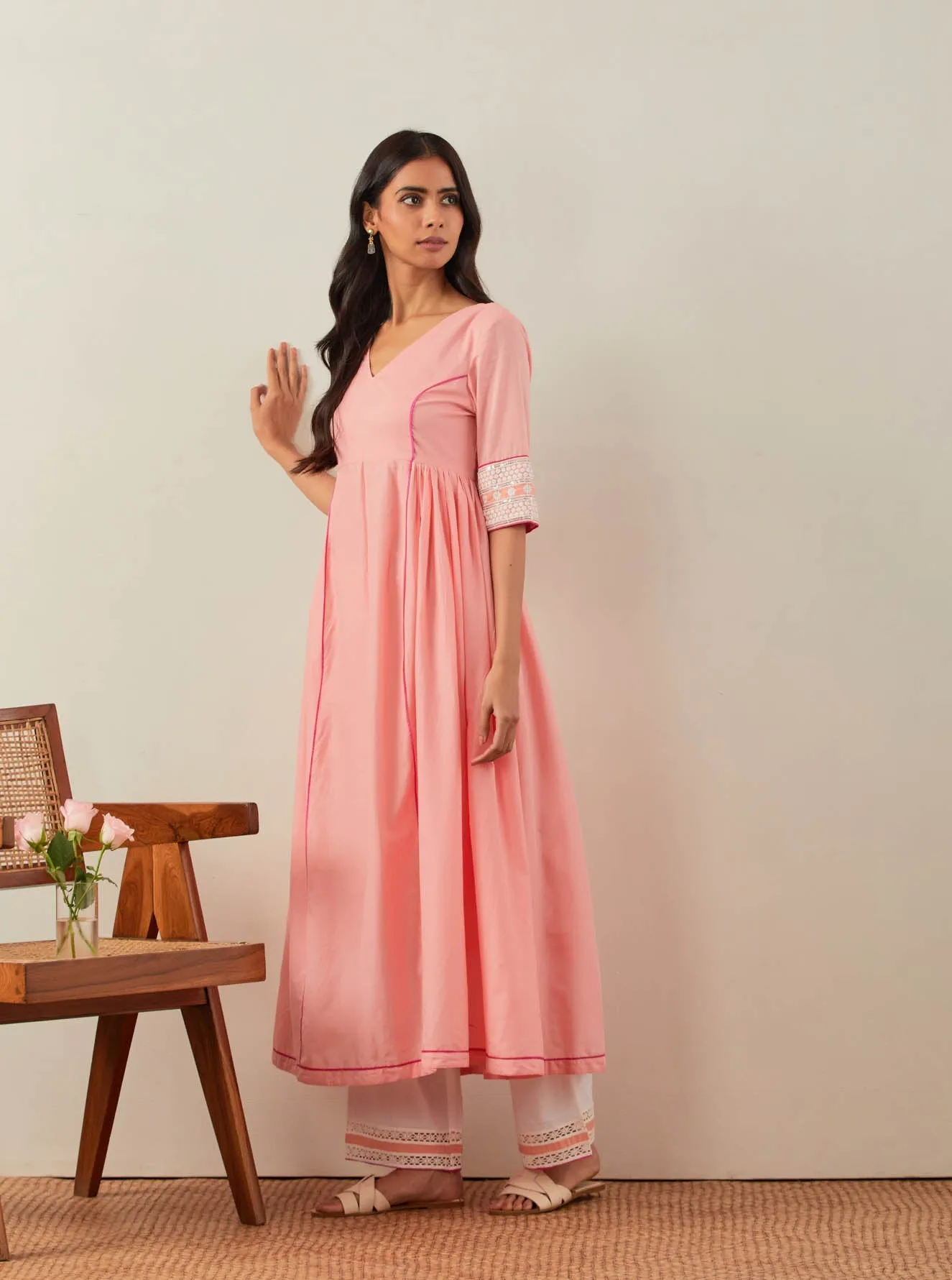 Peach Plain Markab Anarkali Kurta With Chikankari Border and Palazzo with lace detail (Set of 2)