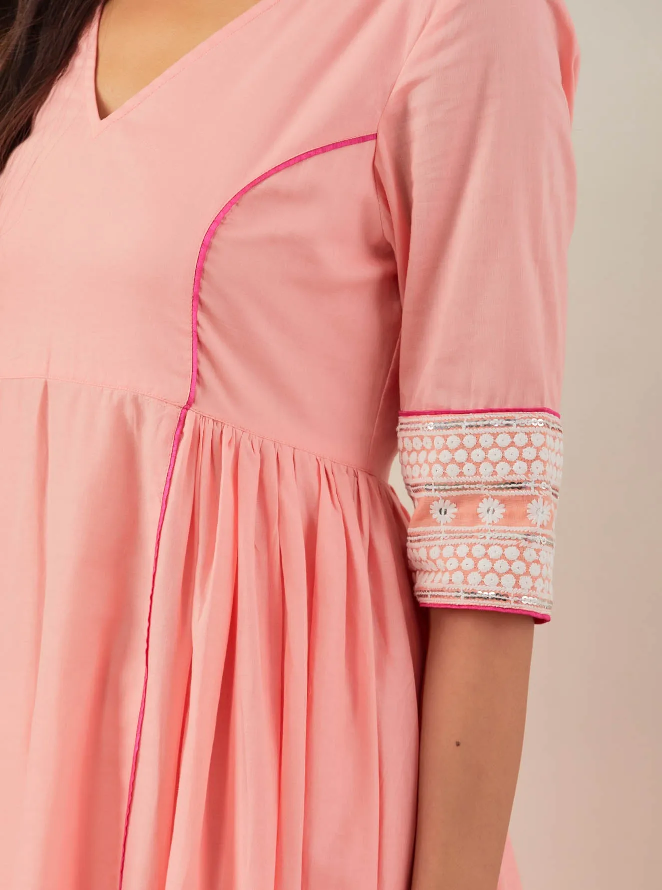 Peach Plain Markab Anarkali Kurta With Chikankari Border and Palazzo with lace detail (Set of 2)