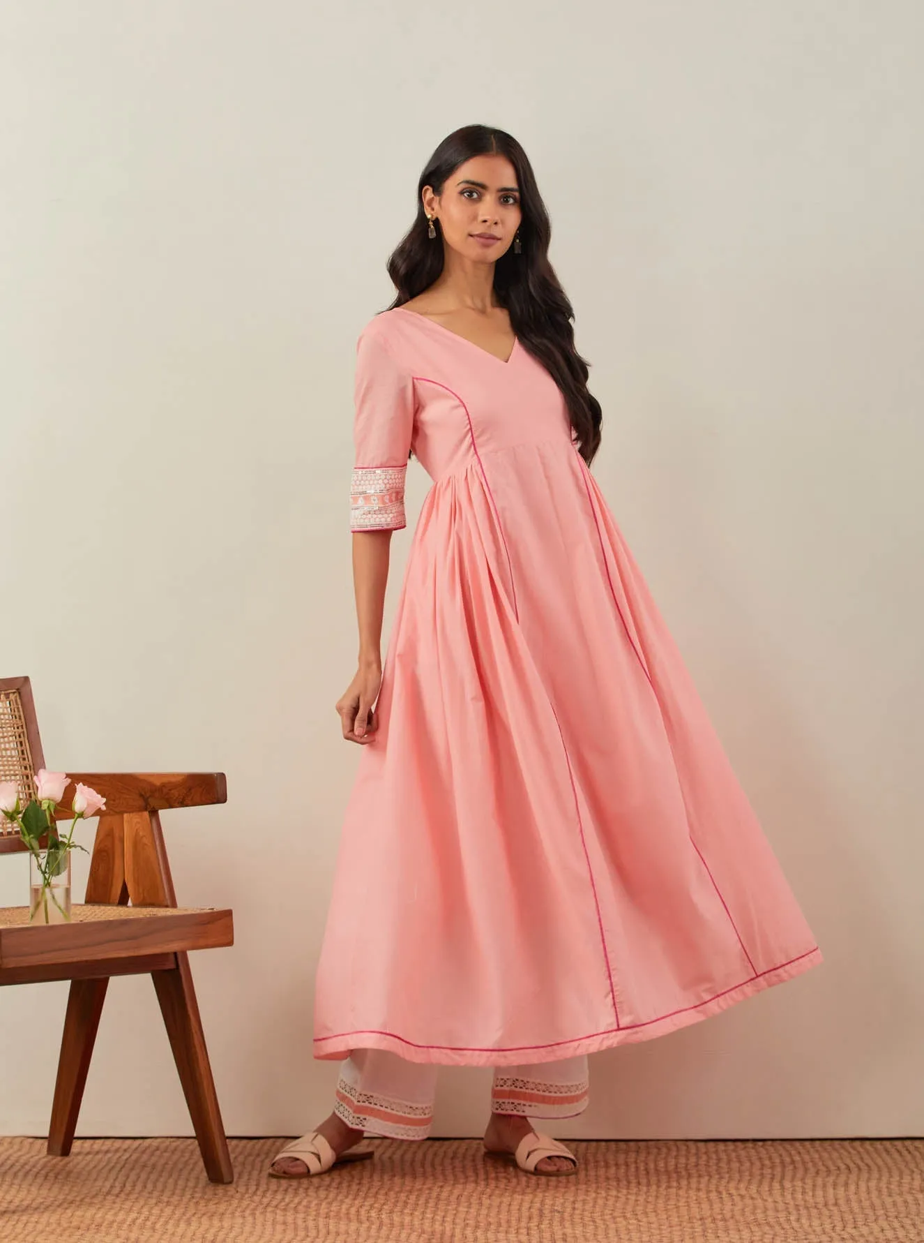 Peach Plain Markab Anarkali Kurta With Chikankari Border and Palazzo with lace detail (Set of 2)