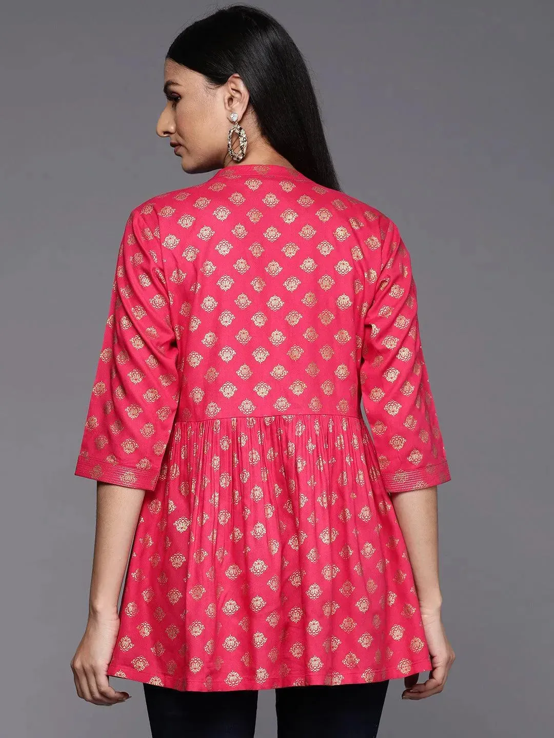 Pink Printed Rayon A-Line Kurti