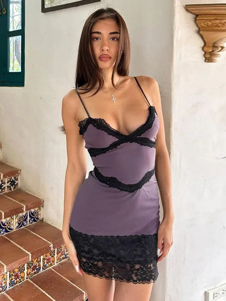 Purple Lace Stylish Patchwork Mini Dress