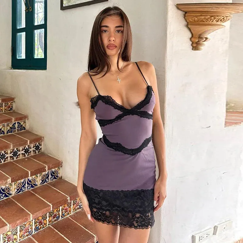 Purple Lace Stylish Patchwork Mini Dress