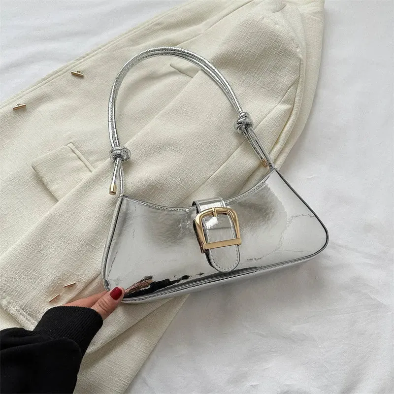 "Happy Hour" Silver Shoulder Bag w/ Gold Buckle Detail