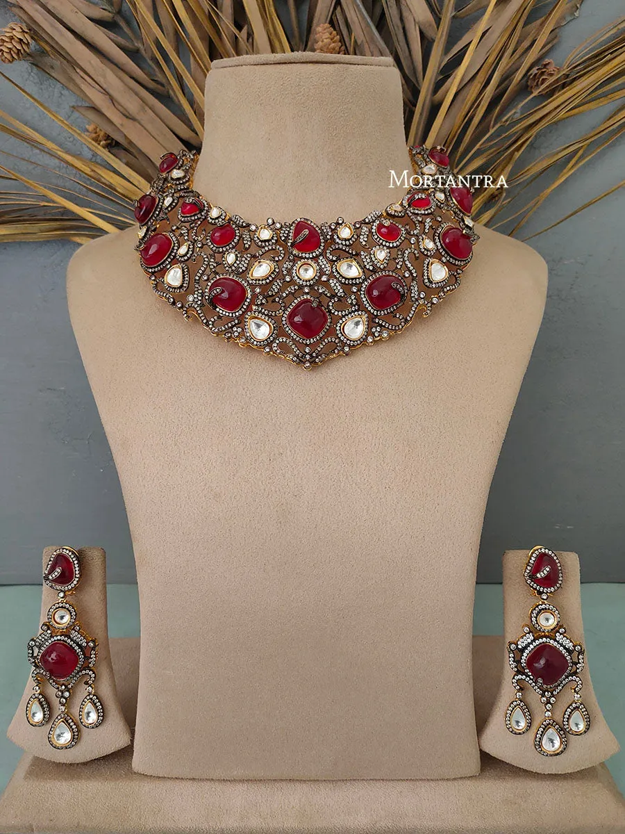 Red Color Faux Polki Necklace Set - PK-S13R