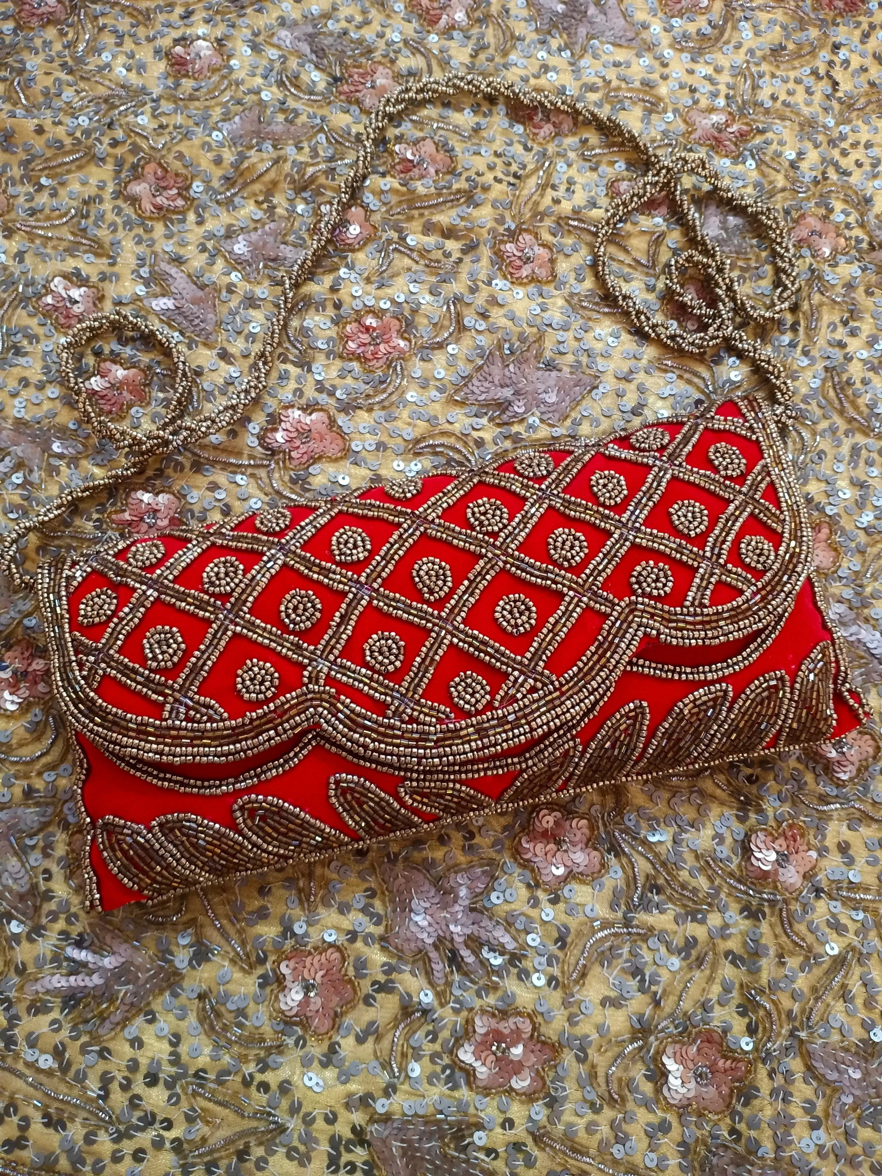 Red embellished velvet purse