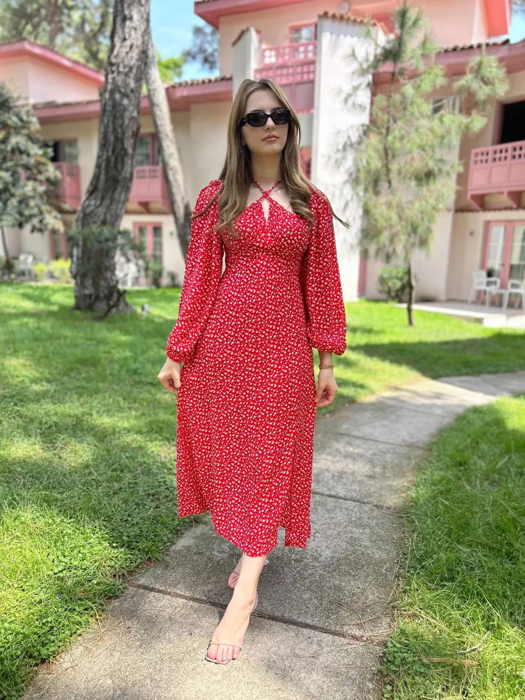 Red Floral Patterned Dress with Tie Detail
