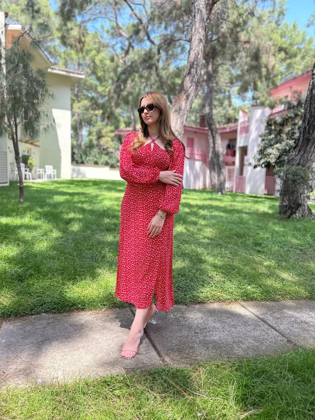 Red Floral Patterned Dress with Tie Detail