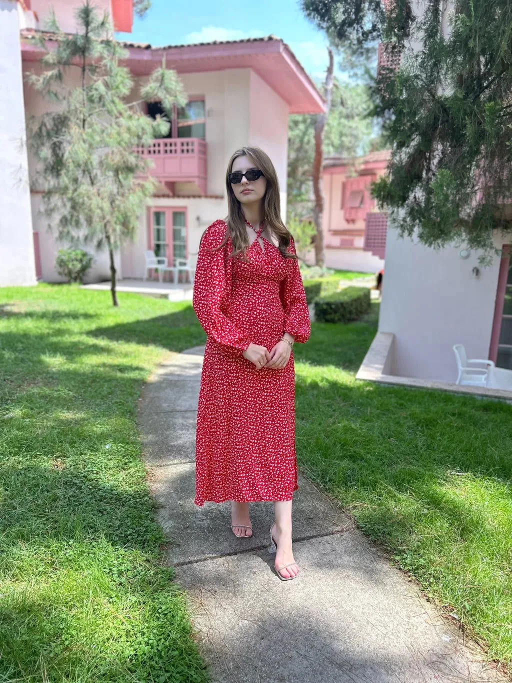 Red Floral Patterned Dress with Tie Detail