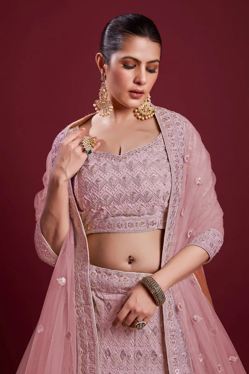 Regal Wedding Function Pink Georgette Lehenga With Embroidered And Thread Work