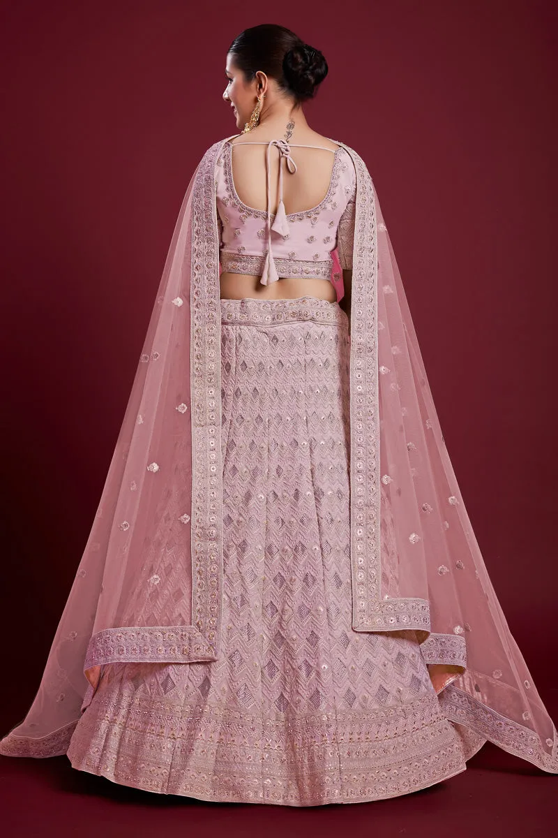 Regal Wedding Function Pink Georgette Lehenga With Embroidered And Thread Work