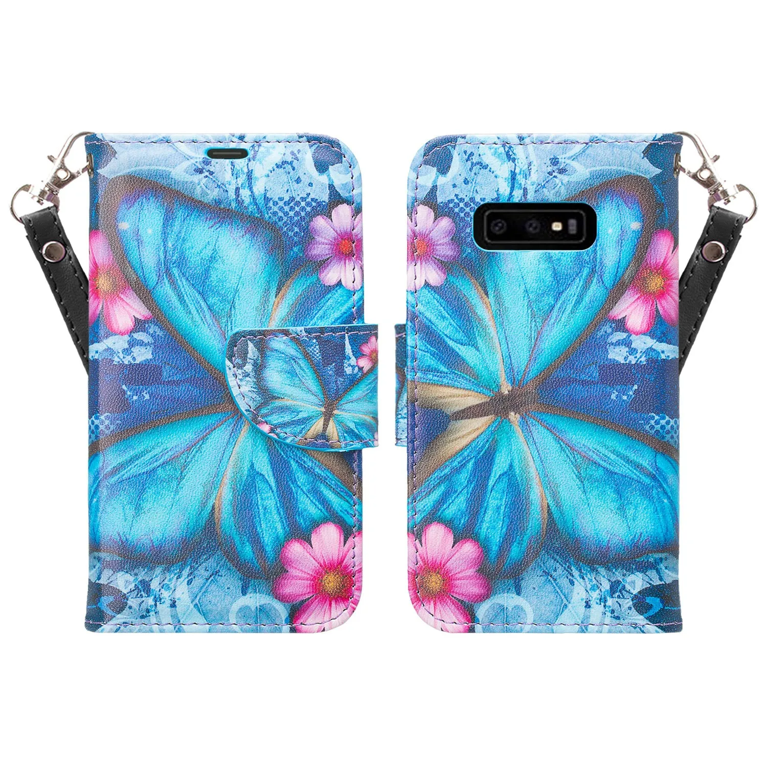 Samsung Galaxy S10e Case, Wrist Strap Pu Leather Wallet Case [Kickstand] with ID & Credit Card Slots - Blue Butterfly