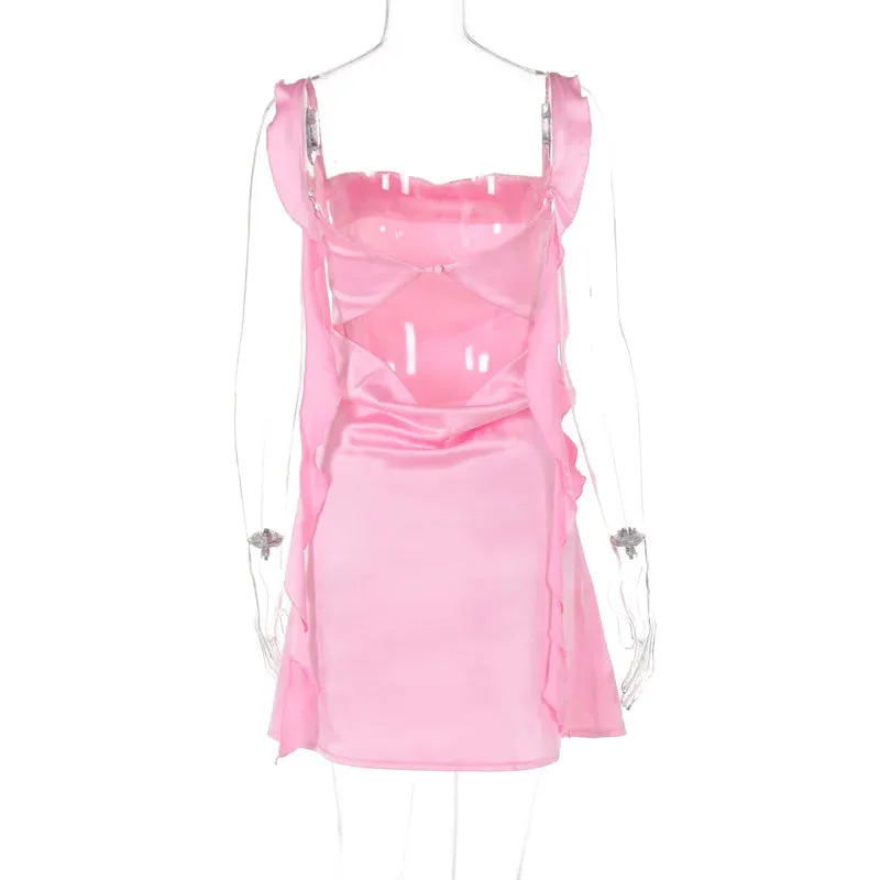 Satin Frill Stylish Strap Mini Dress