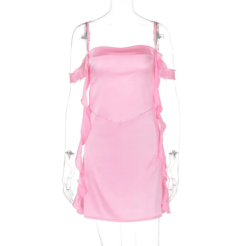 Satin Frill Stylish Strap Mini Dress