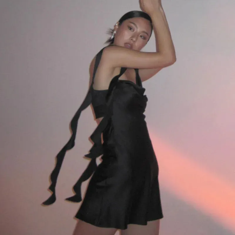 Satin Frill Stylish Strap Mini Dress