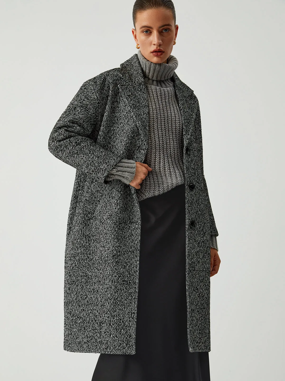 Single Breasted Graceful Longline Tweed Coat