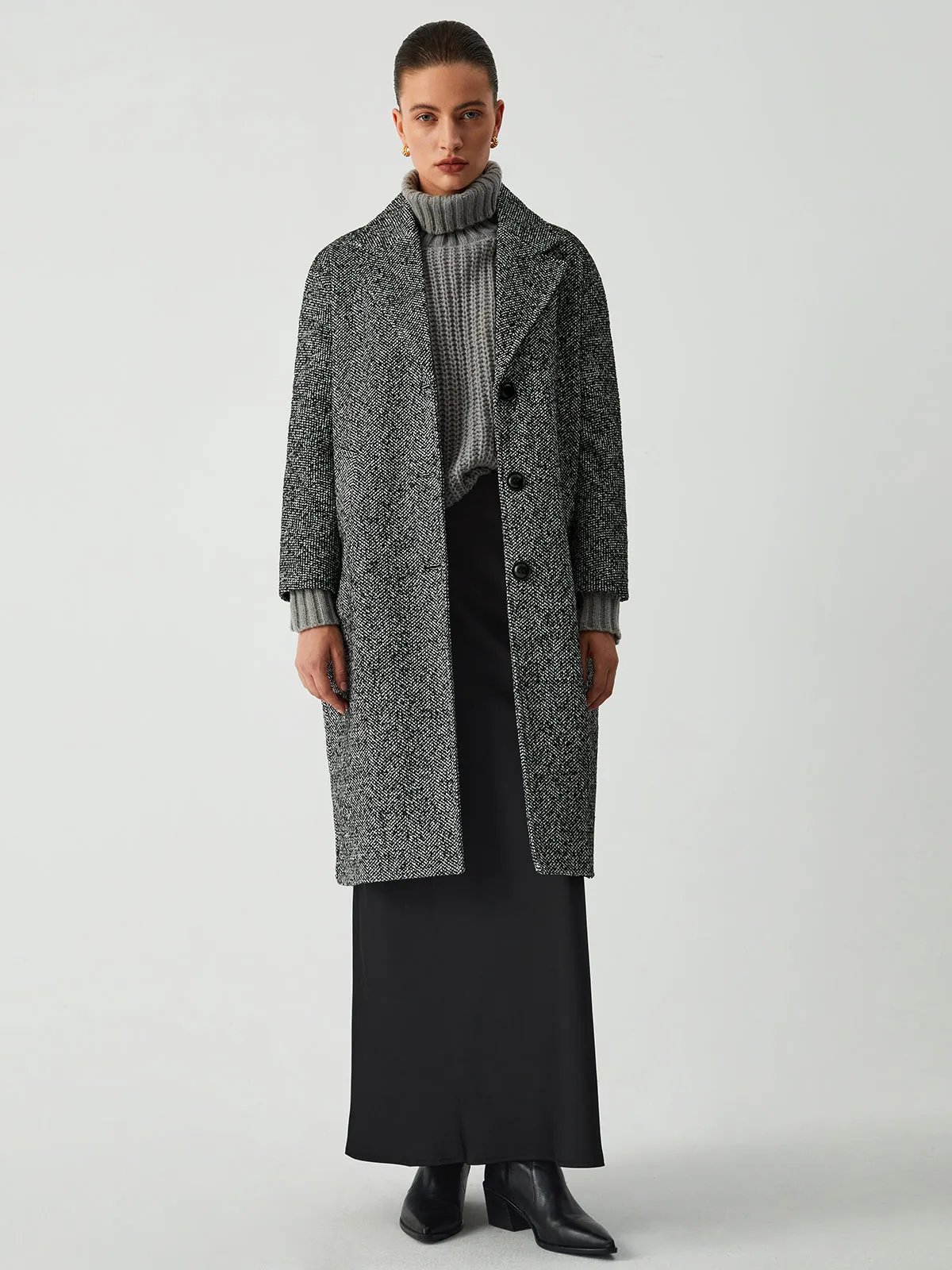 Single Breasted Graceful Longline Tweed Coat