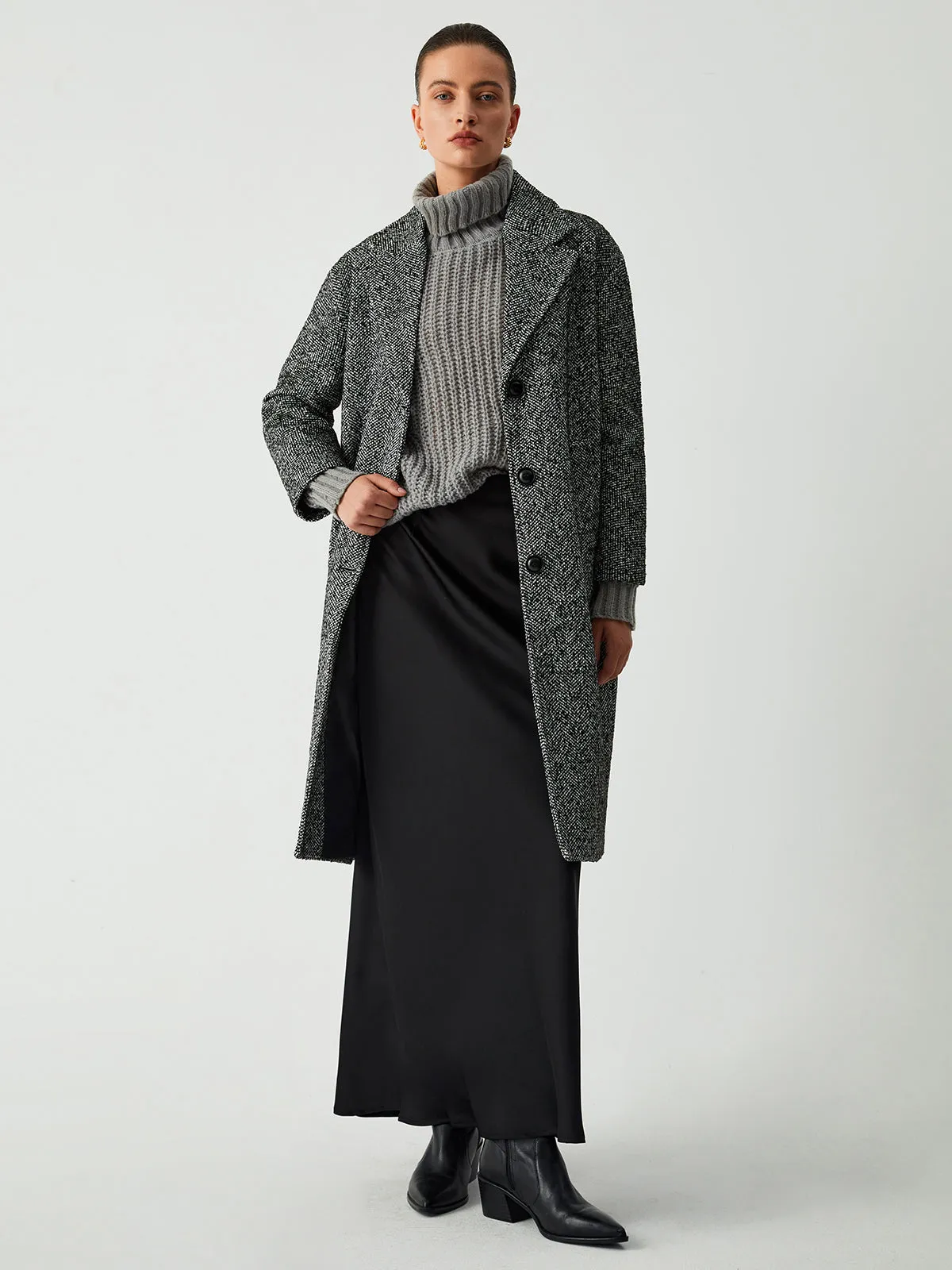 Single Breasted Graceful Longline Tweed Coat