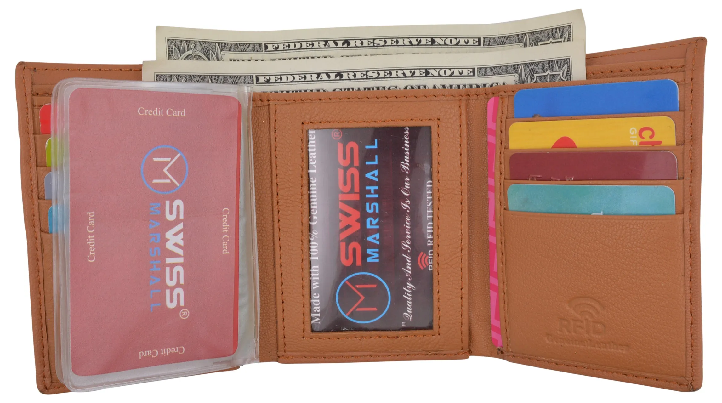 Swiss Marshall Mens Trifold Wallet RFID Blocking Genuine Leather Bifold ID Window