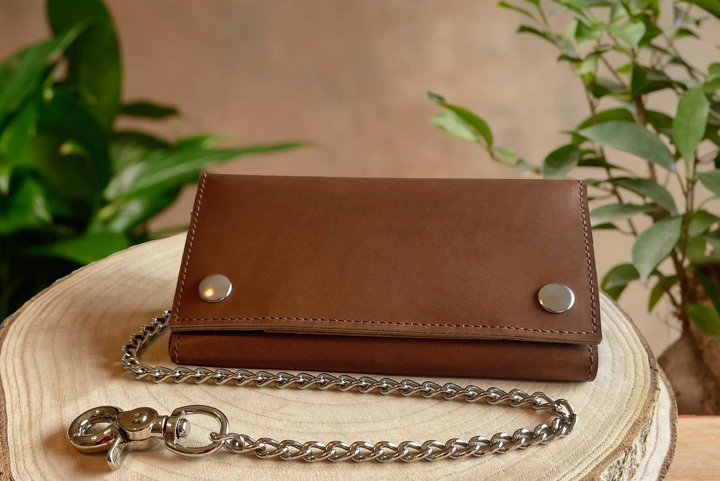 Tan Premium Leather Biker Chain Wallet With ID Window (Large 7.38" x 4.25")