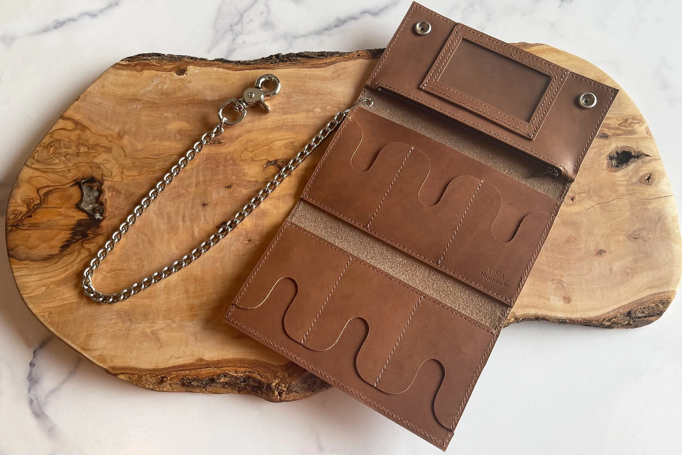 Tan Premium Leather Biker Chain Wallet With ID Window (Large 7.38" x 4.25")